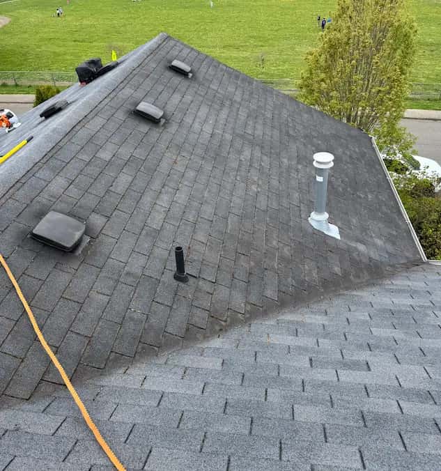 Asphalt shingle roof mid-cleaning: dark, streaked upper slope beside a clean light-gray lower section.