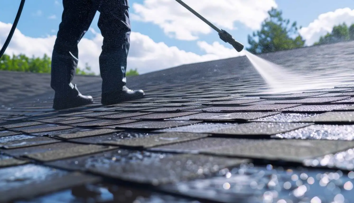 Worker in boots spraying water across wet dark asphalt shingles with a wand under a blue sky.