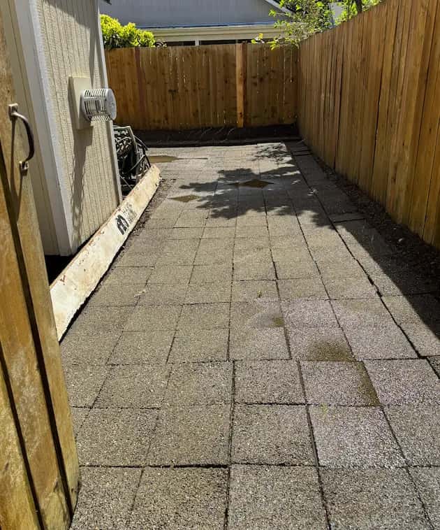 Narrow side-yard patio of square concrete pavers between a house and new cedar fence after cleaning.