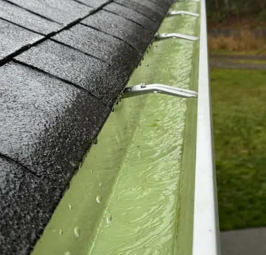 Close-up of a white gutter along asphalt shingles being flushed with running water, interior with green staining.