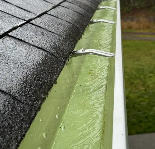 Close-up of a white gutter along asphalt shingles being flushed with running water, interior with green staining.