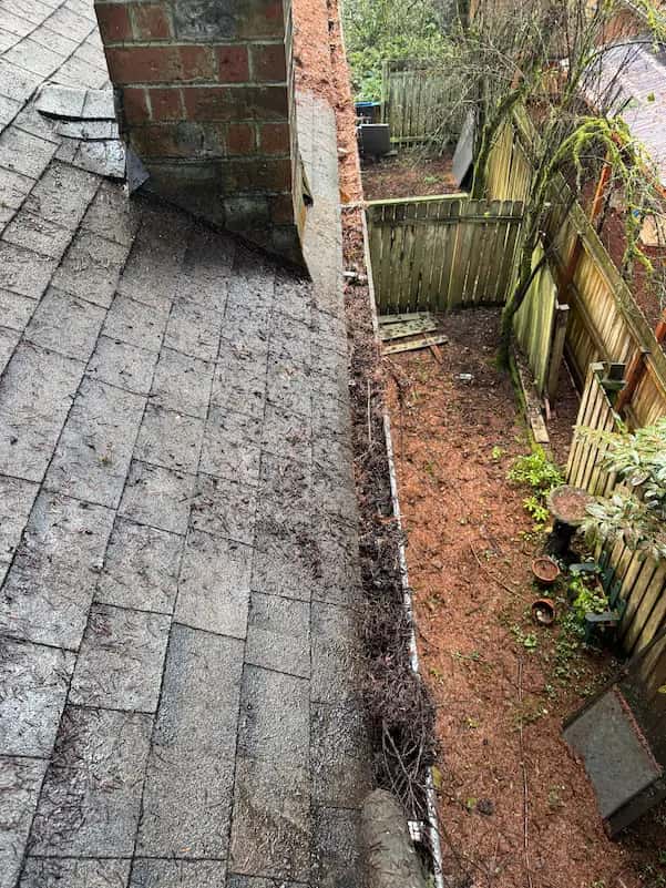 Gutter beside a brick chimney packed with pine needles and debris on a mossy shingle roof, before gutter cleaning.
