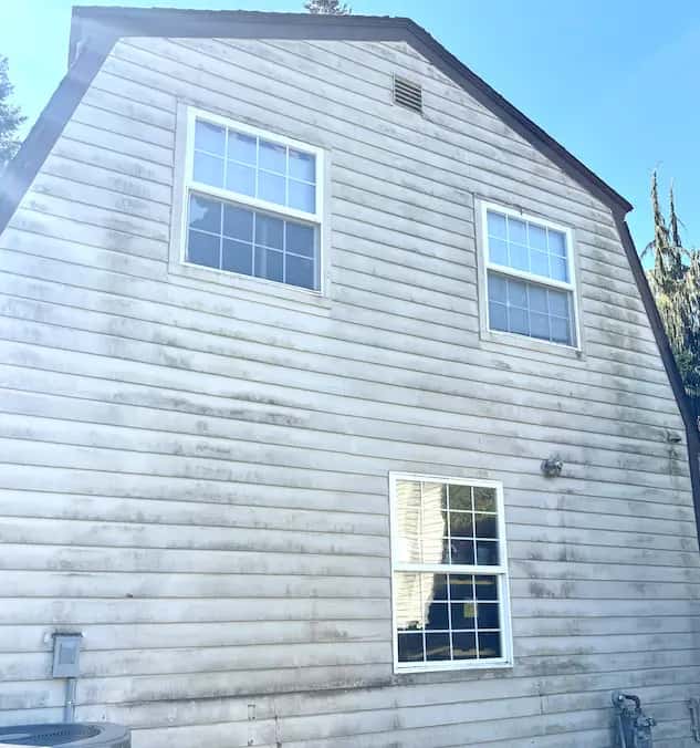 Gambrel-roof gable end with beige vinyl siding covered in dark mildew streaks, before house washing.
