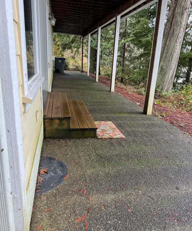 Covered concrete patio walkway with green moss and algae stains beside a house, before pressure washing.