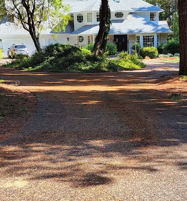 Long exposed-aggregate driveway covered in fir needles and debris, leading to a large two-story home.