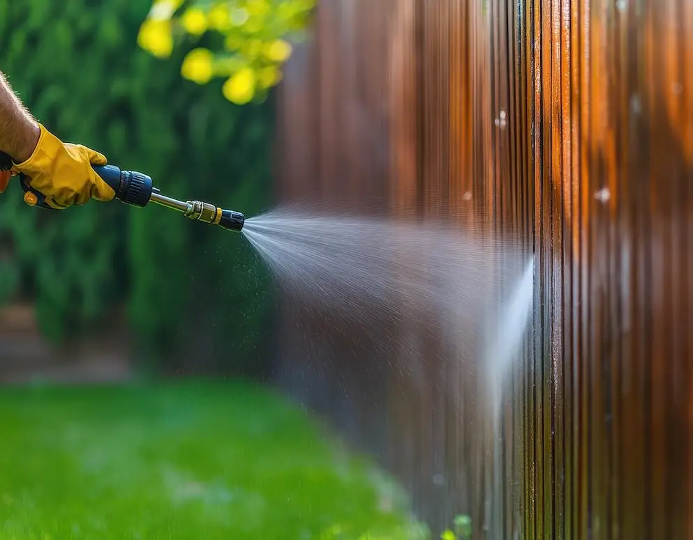 Gloved hand holding a pressure washer wand spraying a stained wooden fence beside a green lawn.