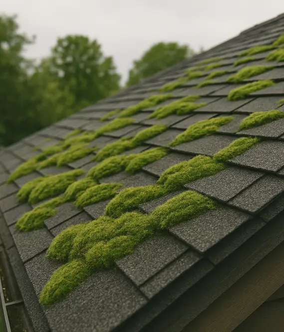 Thick green moss growing in rows along the seams of dark asphalt roof shingles on an overcast day.
