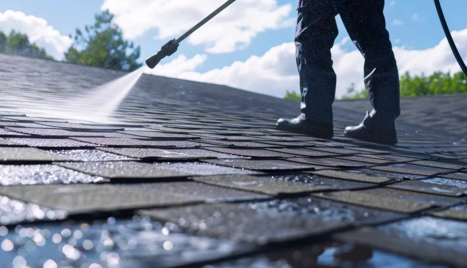 Worker standing on a wet asphalt shingle roof spraying the shingles with a pressure washer wand.